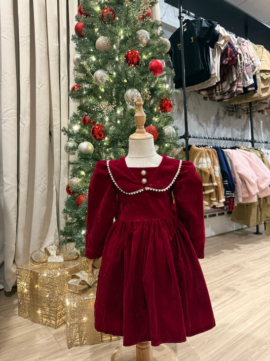 Red Christmas Dress- White pearls & gold buttons