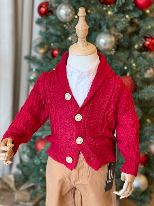 Boys Knitted Shawl Collar Cardigan Sweater- Red