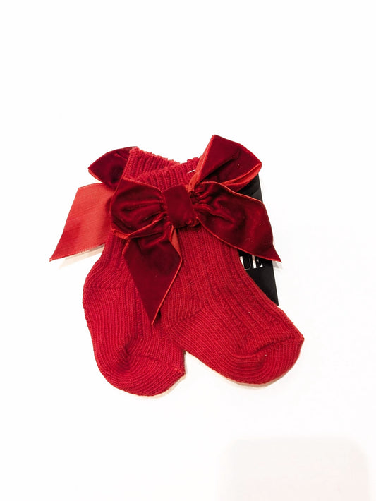 Baby Girl Christmas knitted socks with big velet bow  - Red