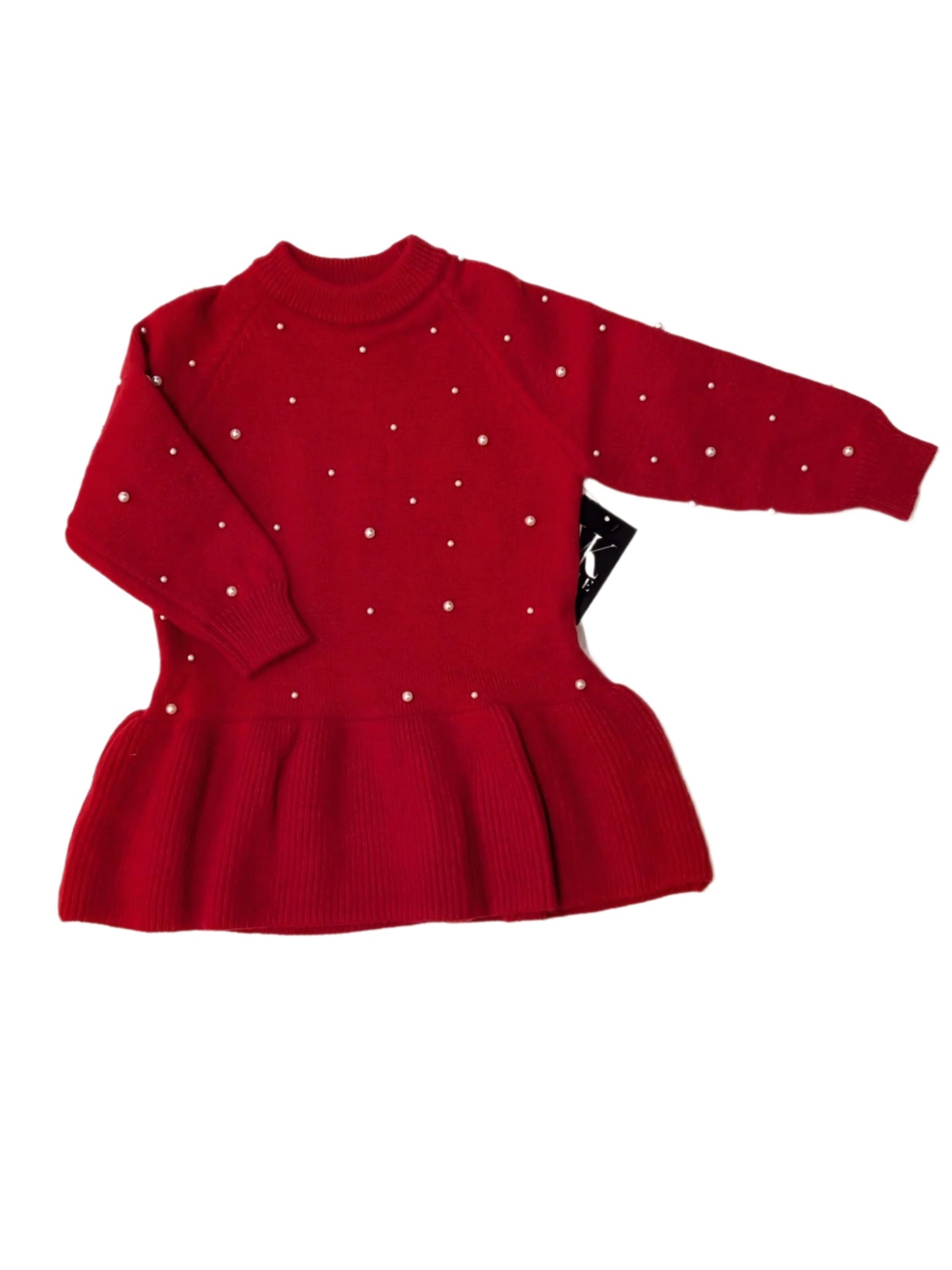 Christmas pearl beaded knitted dress girls red sweater dress