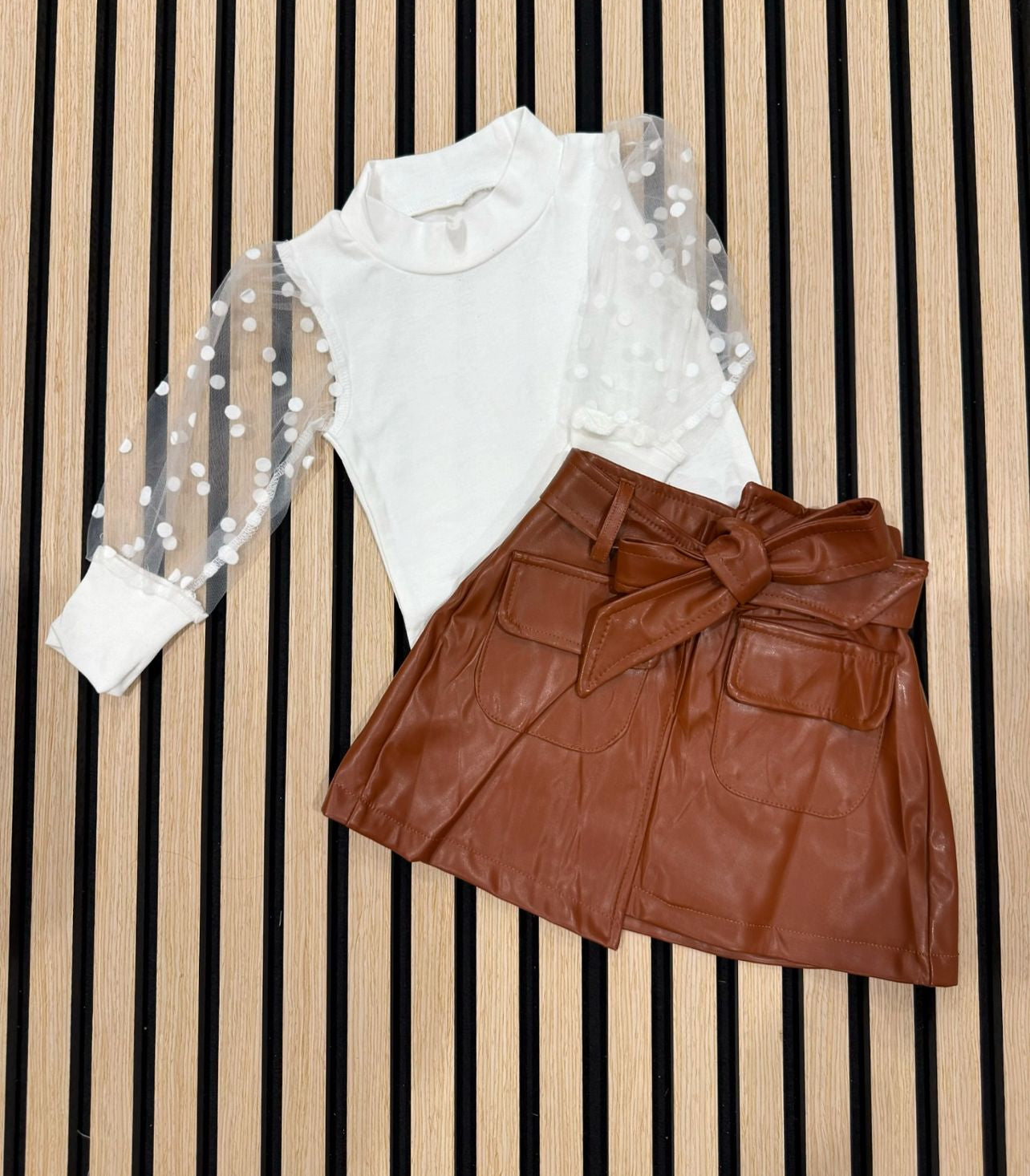 White Blouse w/ Brown Leather Skirt Set