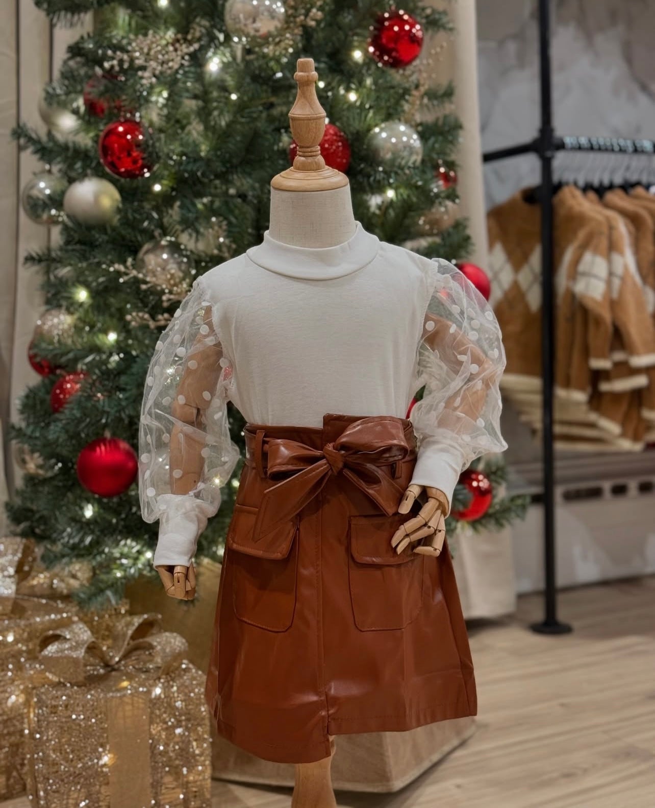 White Blouse w/ Brown Leather Skirt Set