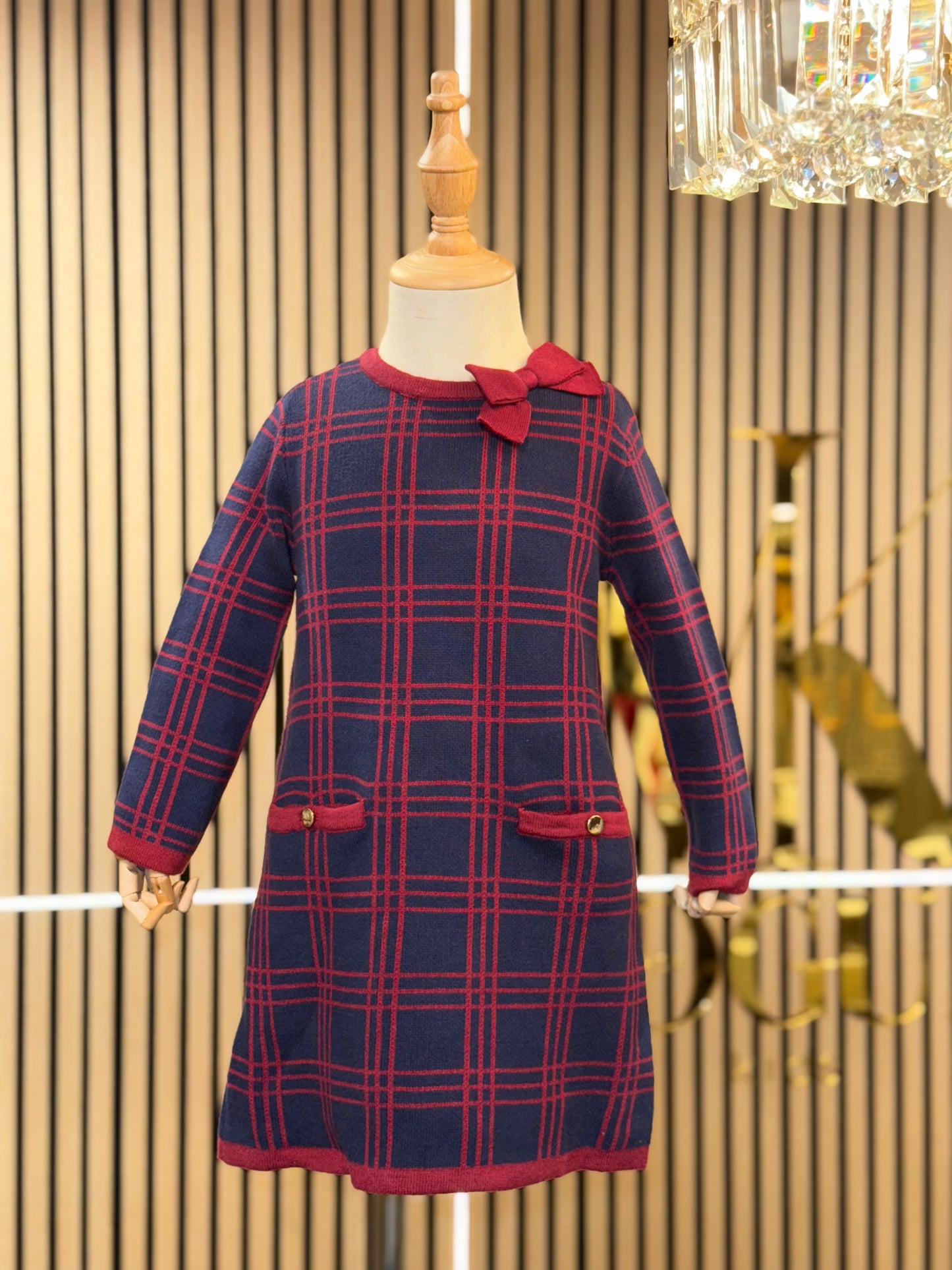 Bow Detail Sweater Dress - Navy and Berry Plaid