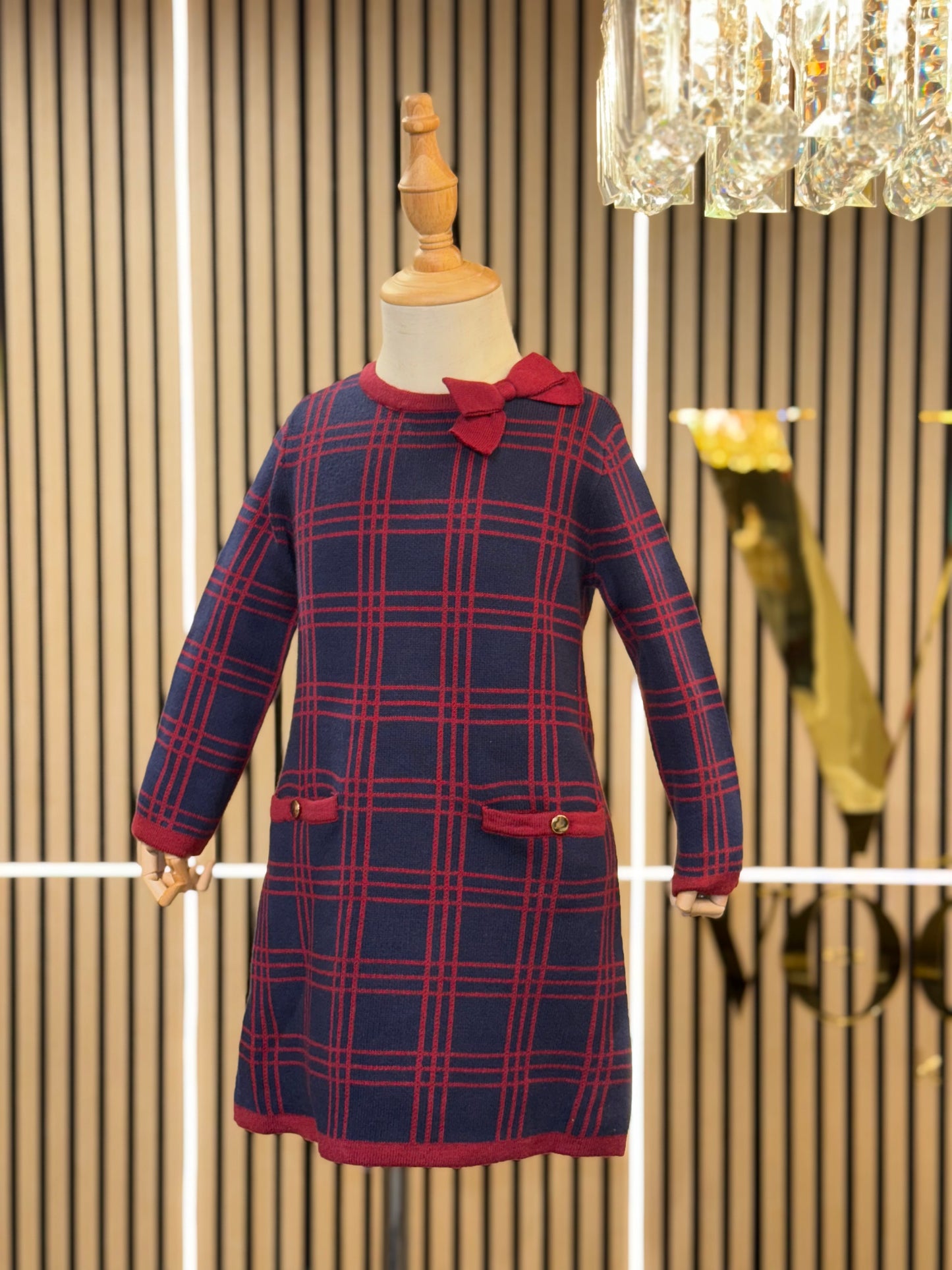 Bow Detail Sweater Dress - Navy and Berry Plaid