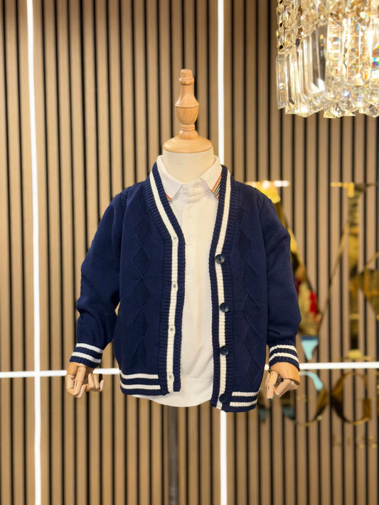 Cardigan -Navy Blue & White