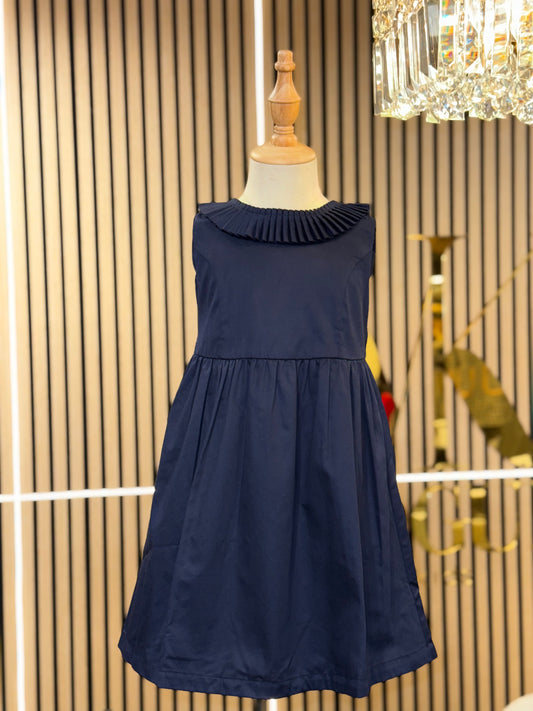 Pleated Collar Party Dress - Made with Organic Cotton - Navy Sateen